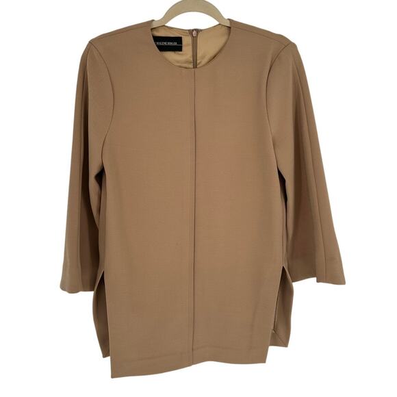 Malene Birger Blouse Light Brown 3/4 Sleeves Side Slits Front Seam Office Work M - Picture 1 of 10